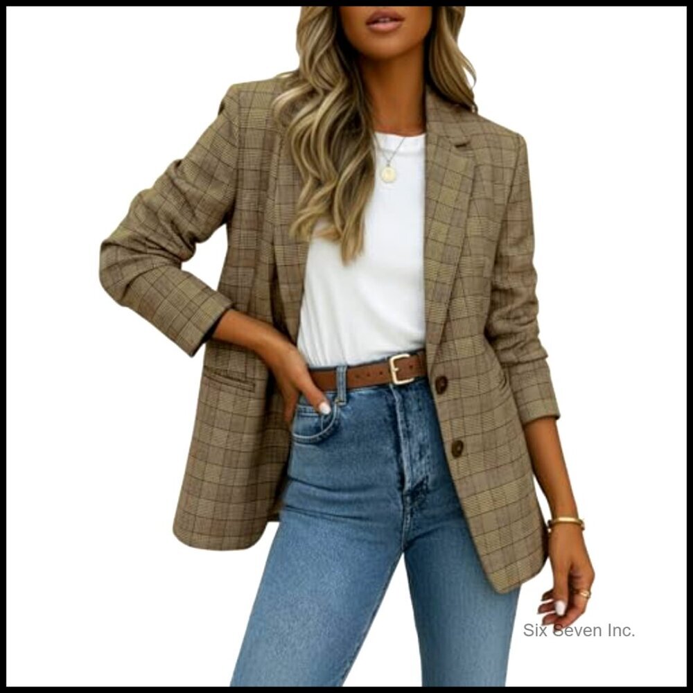 Polyester Blend Plaid Houndstooth Blazer Fully-Lined Loose Fit Work Office - Picture 3 of 6
